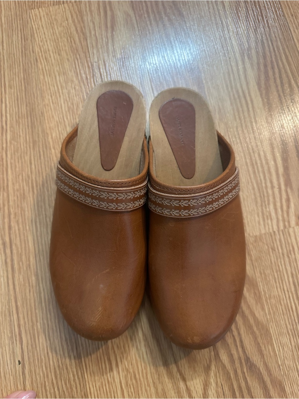 Isabel Marant Tan Leather Slip-On Clogs with Braided Trim